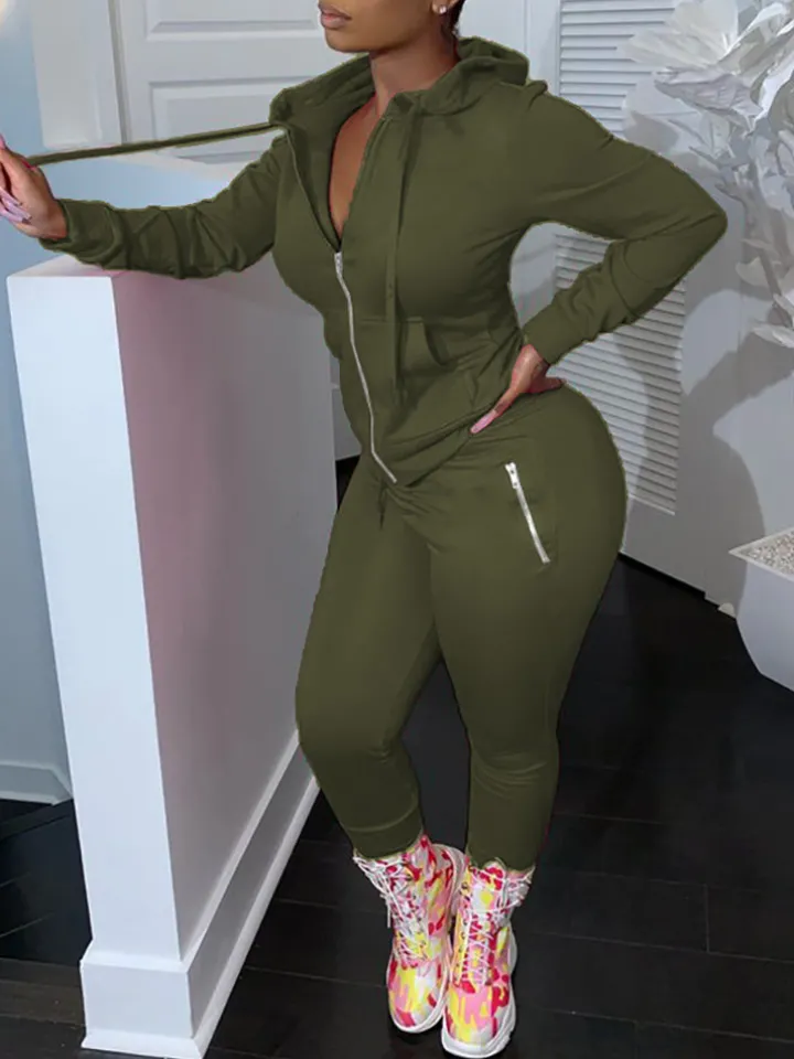 Two Piece Solid Color Hoodie Zip-Up Tracksuit