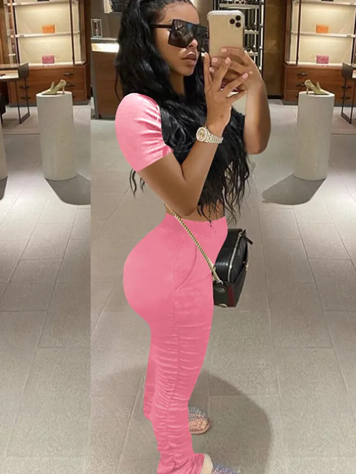 Two Piece Solid Color Short Sleeve Top Long Pants