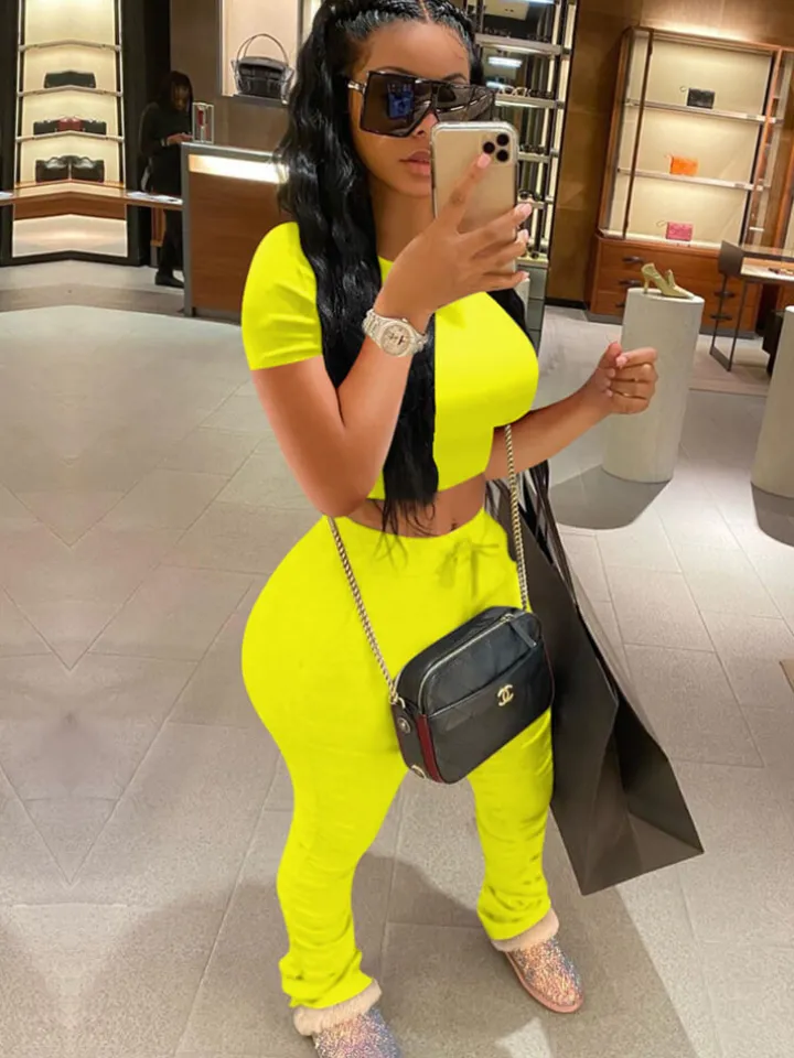 Two Piece Solid Color Short Sleeve Top Long Pants