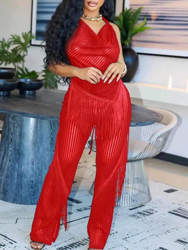 Two Piece Tassel Halter Tops Pants Sets