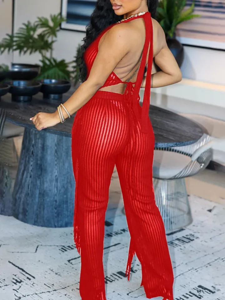 Two Piece Tassel Halter Tops Pants Sets