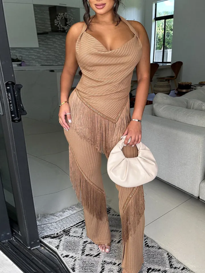 Two Piece Tassel Halter Tops Pants Sets