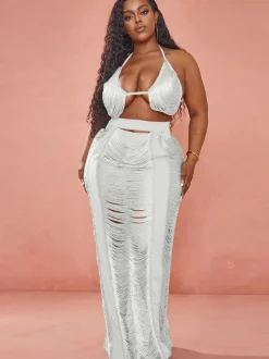 Two Piece Tassel Top Hollow Out Maxi Skrits