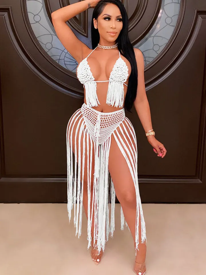 Two Piece Tassels Hollow Out Swimsuit