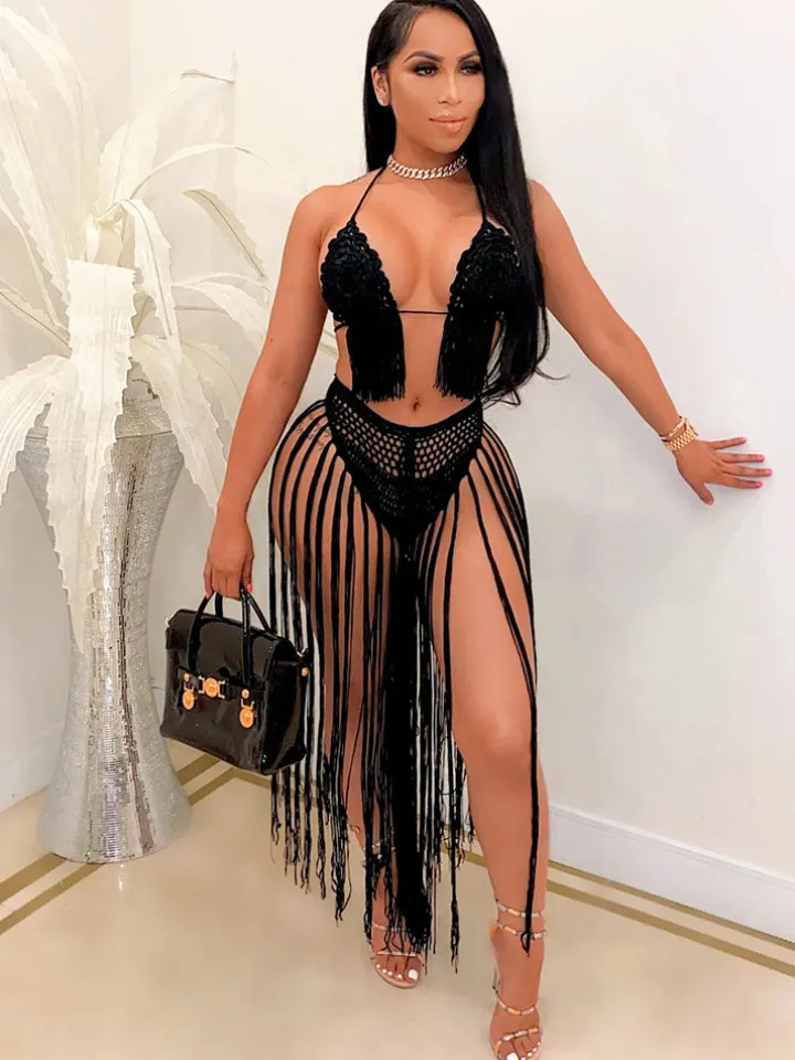 Two Piece Tassels Hollow Out Swimsuit