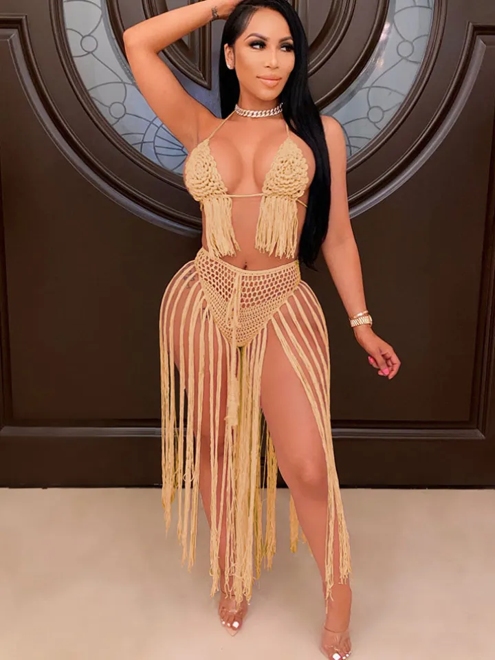 Two Piece Tassels Hollow Out Swimsuit