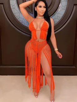 Two Piece Tassels Hollow Out Swimsuit