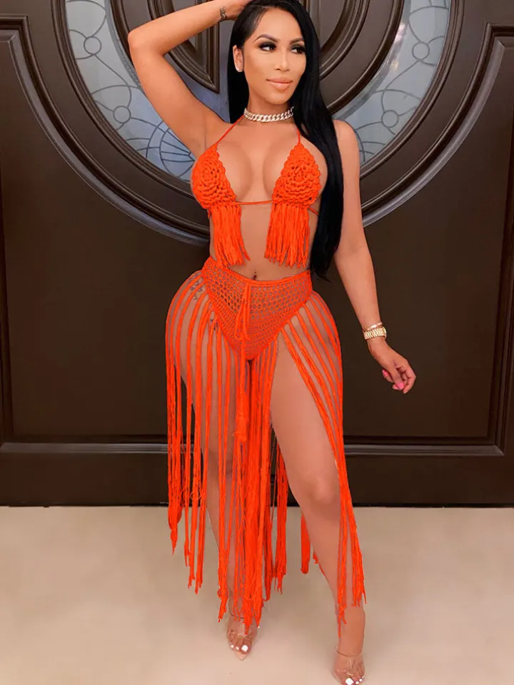 Two Piece Tassels Hollow Out Swimsuit