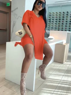 Two Piece V Neck Short Sleeve Top Bodycon Shorts