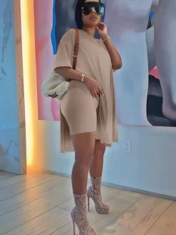 Two Piece V Neck Short Sleeve Top Bodycon Shorts