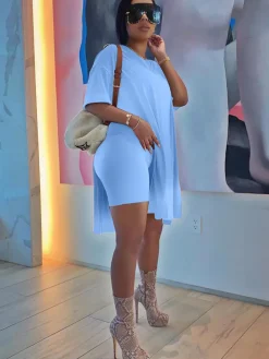 Two Piece V Neck Short Sleeve Top Bodycon Shorts