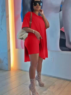 Two Piece V Neck Short Sleeve Top Bodycon Shorts