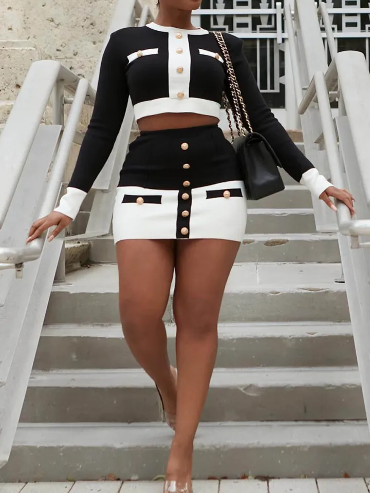Two Pieces Color Block Button Front Skirt Set