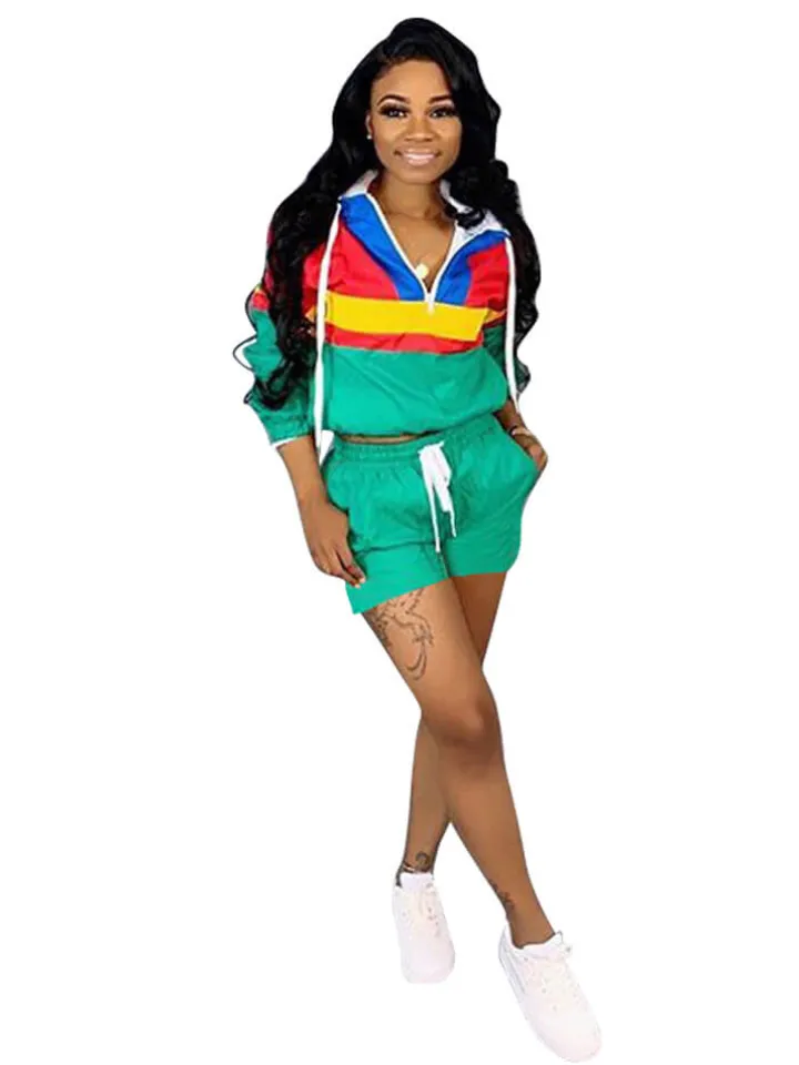 Two Pieces Color Block Windbreaker Shorts Set