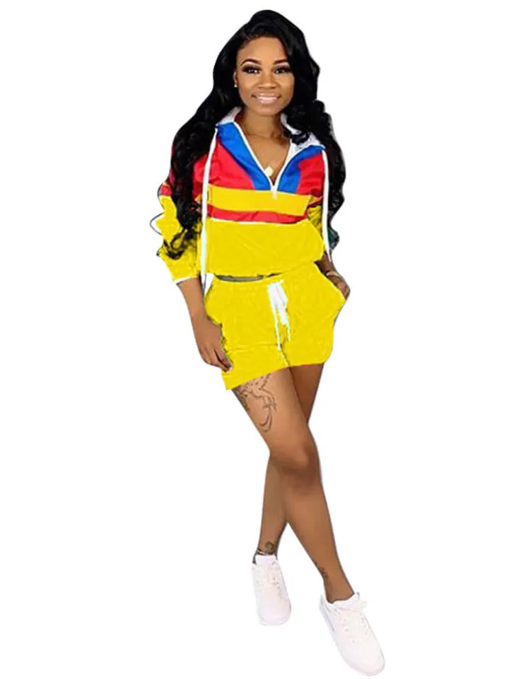 Two Pieces Color Block Windbreaker Shorts Set