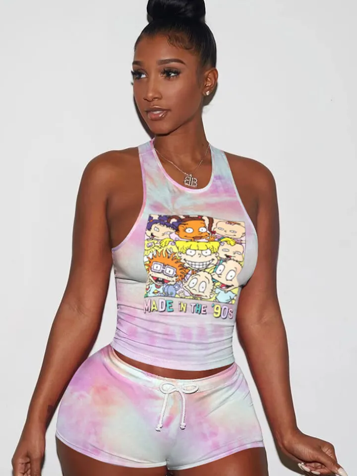 Two Pieces Colorful Tie Dye Cartoon shorts Set