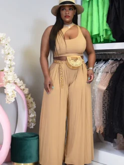 Two Pieces Cut Out Sleeveless Crop Top Wide Leg Pants