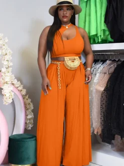 Two Pieces Cut Out Sleeveless Crop Top Wide Leg Pants