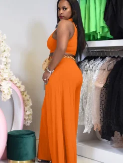 Two Pieces Cut Out Sleeveless Crop Top Wide Leg Pants