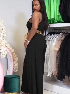 Two Pieces Cut Out Sleeveless Crop Top Wide Leg Pants