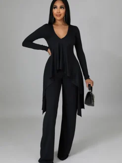 Two Pieces Irregular Lace Up V Neck Top Long Pants