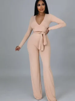 Two Pieces Irregular Lace Up V Neck Top Long Pants