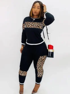 Two Pieces Leopard Camouflage Print Patchwork Sweatsuits