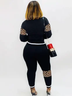 Two Pieces Leopard Camouflage Print Patchwork Sweatsuits