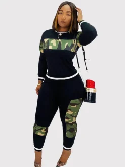 Two Pieces Leopard Camouflage Print Patchwork Sweatsuits