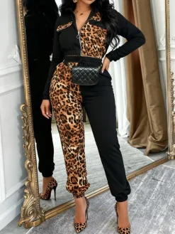 Two Pieces Leopard Patchwork Pants Set