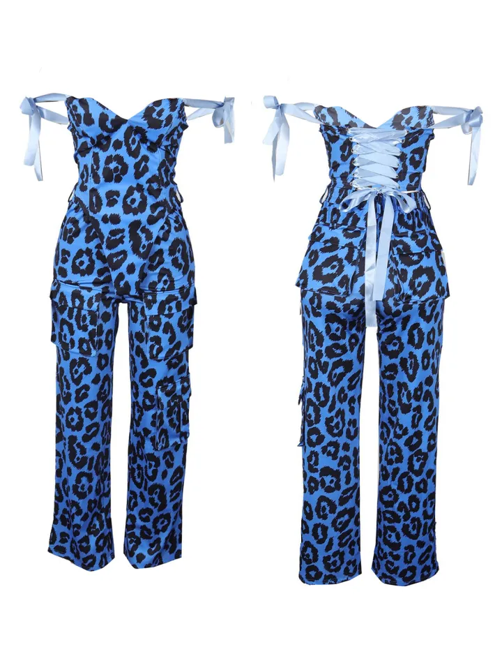 Two Pieces Print Lace-Up Cargo Pants Set