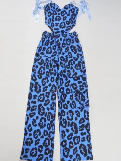 Two Pieces Print Lace-Up Cargo Pants Set