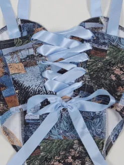 Two Pieces Print Lace-Up Cargo Pants Set