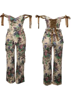 Two Pieces Print Lace-Up Cargo Pants Set