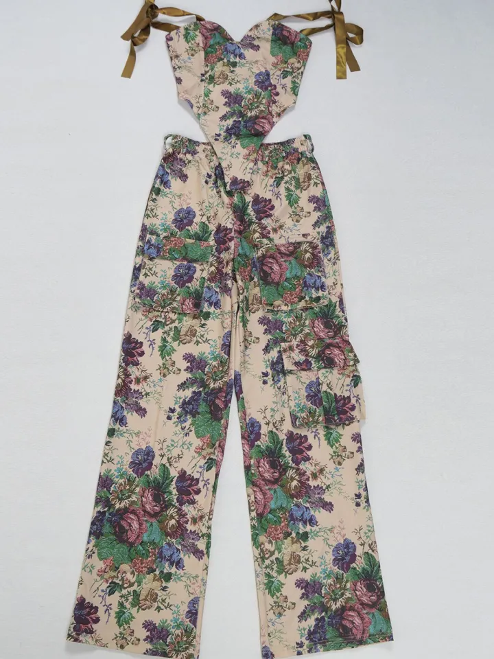 Two Pieces Print Lace-Up Cargo Pants Set