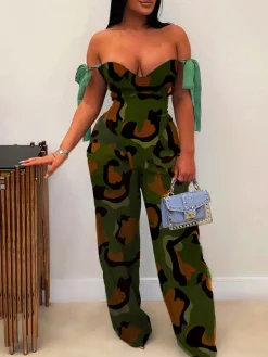 Two Pieces Print Lace-Up Cargo Pants Set