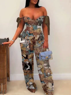 Two Pieces Print Lace-Up Cargo Pants Set