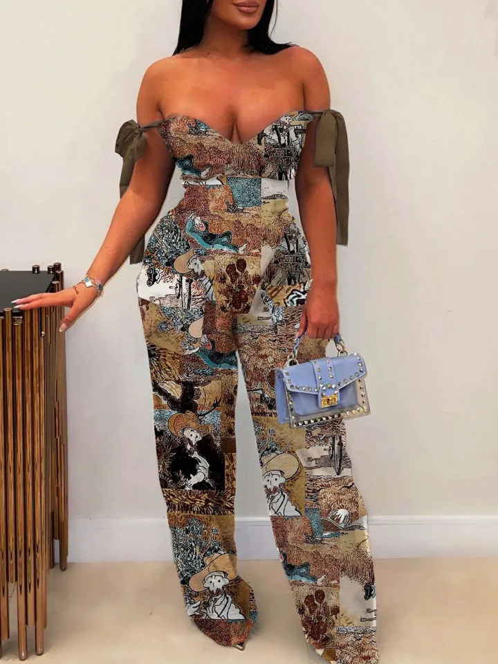 Two Pieces Print Lace-Up Cargo Pants Set