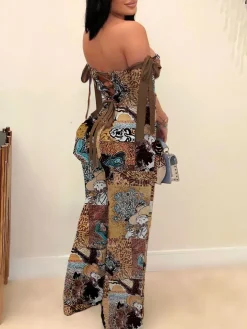 Two Pieces Print Lace-Up Cargo Pants Set