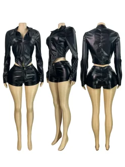 Two Pieces PU Zipper Crop Jacket Shorts Set