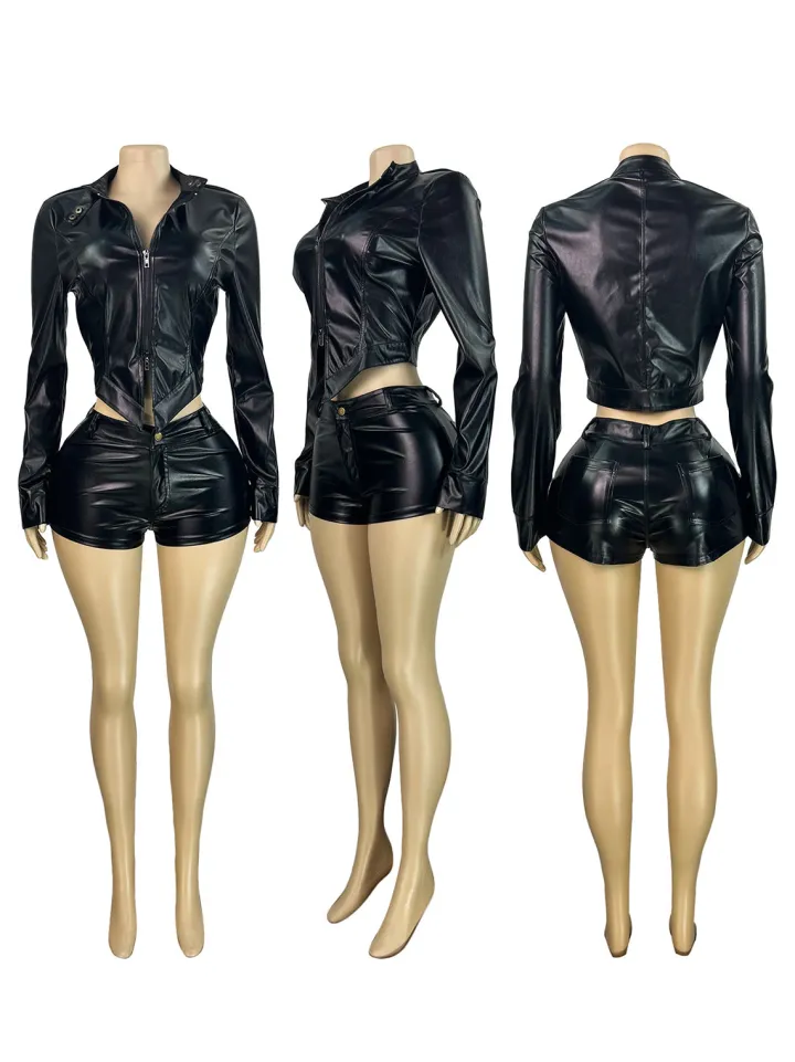 Two Pieces PU Zipper Crop Jacket Shorts Set