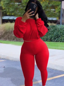 Two Pieces Ribbed Knit Top Skinny Pants