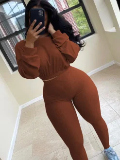 Two Pieces Ribbed Knit Top Skinny Pants