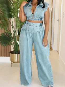 Two Pieces Sleeveless Denim Pants Set