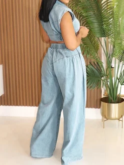 Two Pieces Sleeveless Denim Pants Set