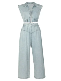 Two Pieces Sleeveless Denim Pants Set