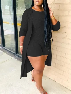 Two Pieces Solid Color Ribbed Jumpsuit Shorts Cardigan