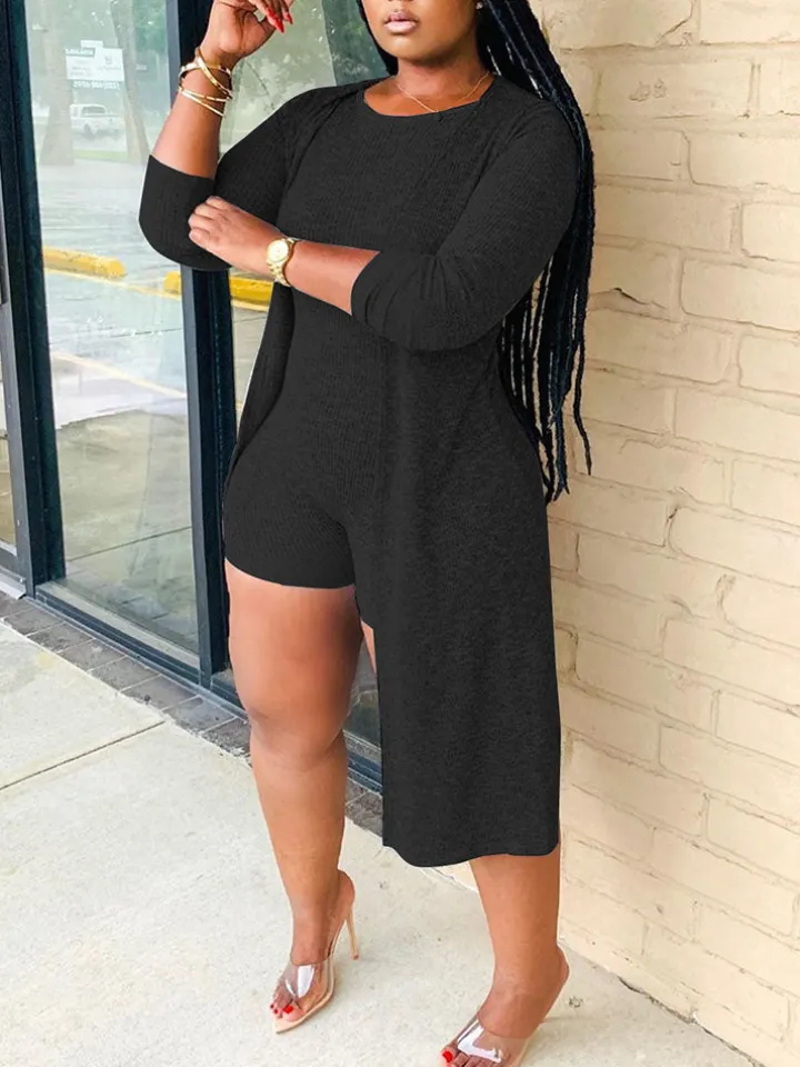 Two Pieces Solid Color Ribbed Jumpsuit Shorts Cardigan