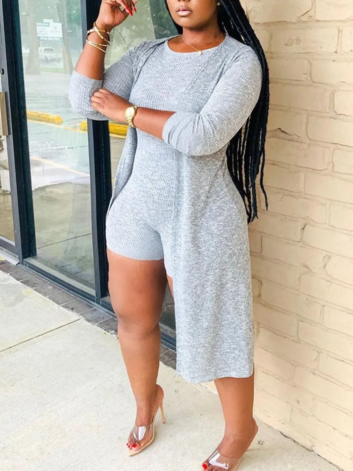 Two Pieces Solid Color Ribbed Jumpsuit Shorts Cardigan