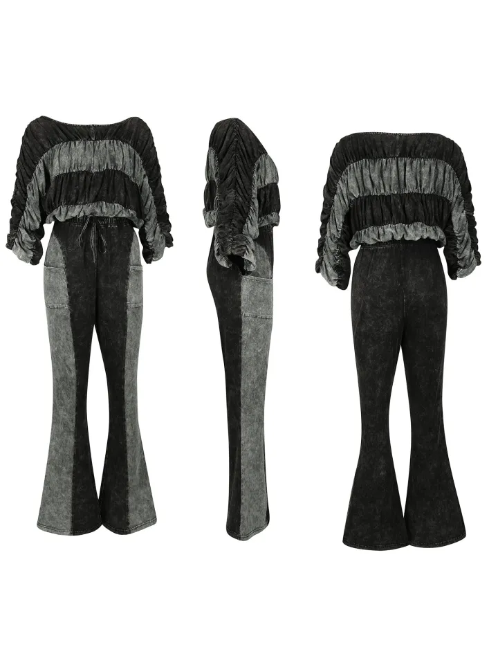 Two Pieces Solid Color Ruched Pants Set